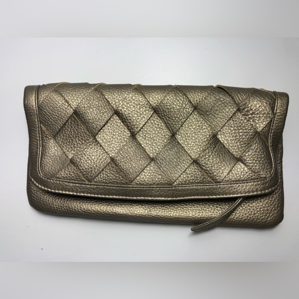 Heather Hawkins Leather Metallic Woven Clutch.